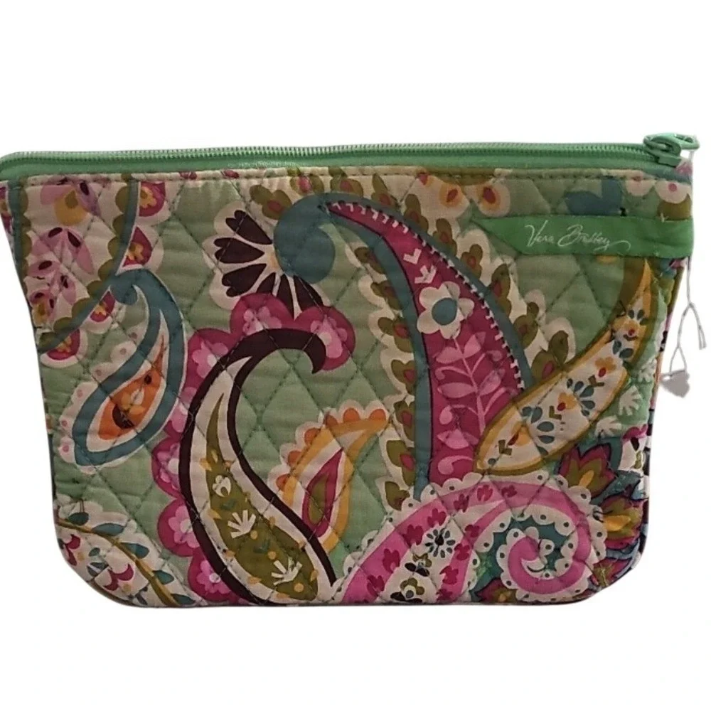 Vera‎ Bradley Green Paisley Quilted Cotton Cosmetic Makeup Bag Pouch Medium Zip